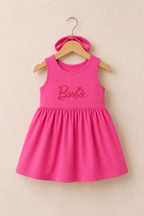 PINK WITH HAIR BAND BARBIE PRINT FROCK FOR GIRLS