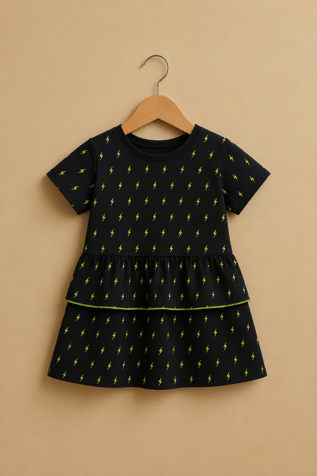 BLACK WITH GREEN ELECTRIC PRINT HALF SLEEVES FROCK FOR GIRLS