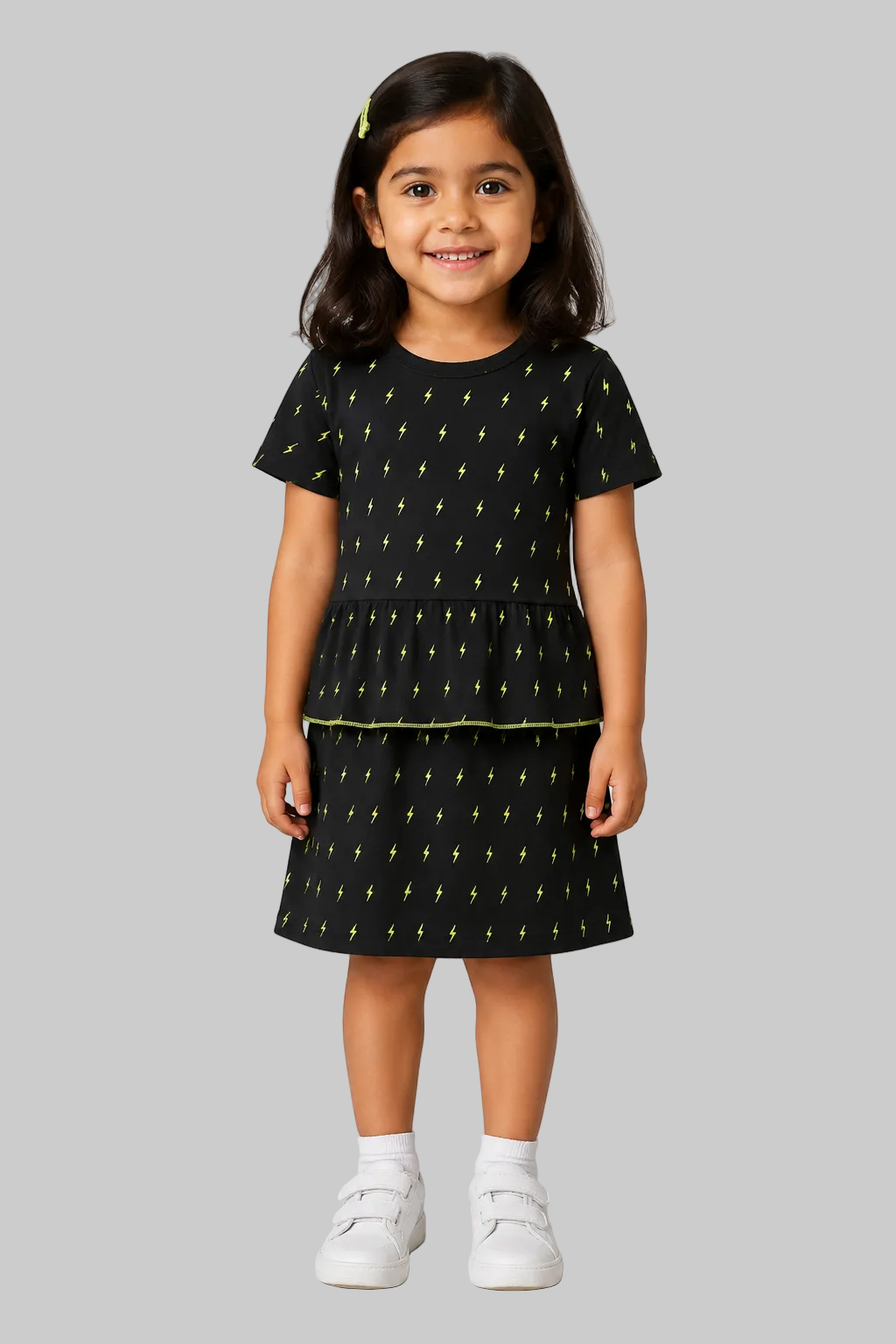 BLACK WITH GREEN ELECTRIC PRINT HALF SLEEVES FROCK FOR GIRLS