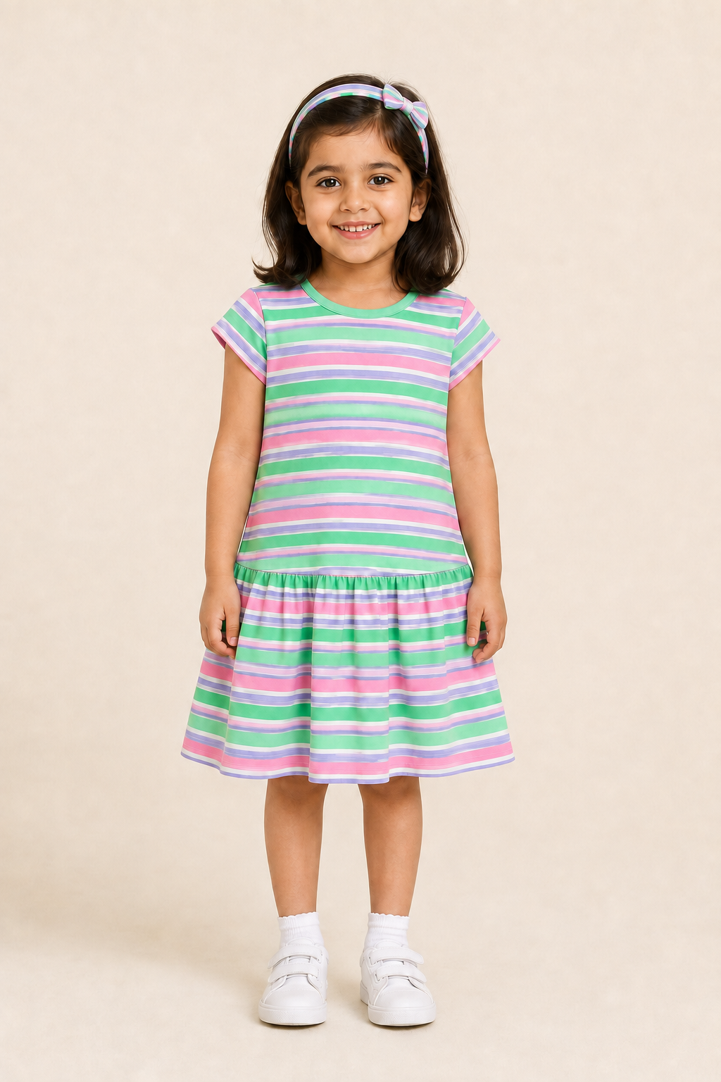 Pink & Green Stripes With Hair Band Frock For Girls