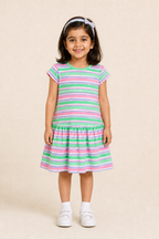 Pink & Green Stripes With Hair Band Frock For Girls