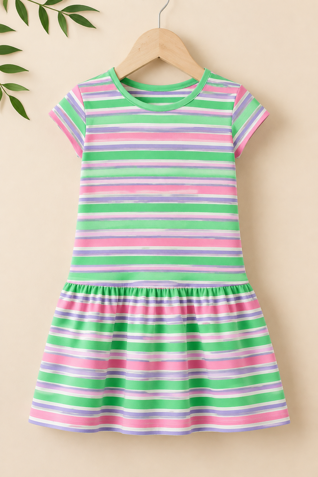 Pink & Green Stripes With Hair Band Frock For Girls