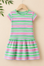 Pink & Green Stripes With Hair Band Frock For Girls