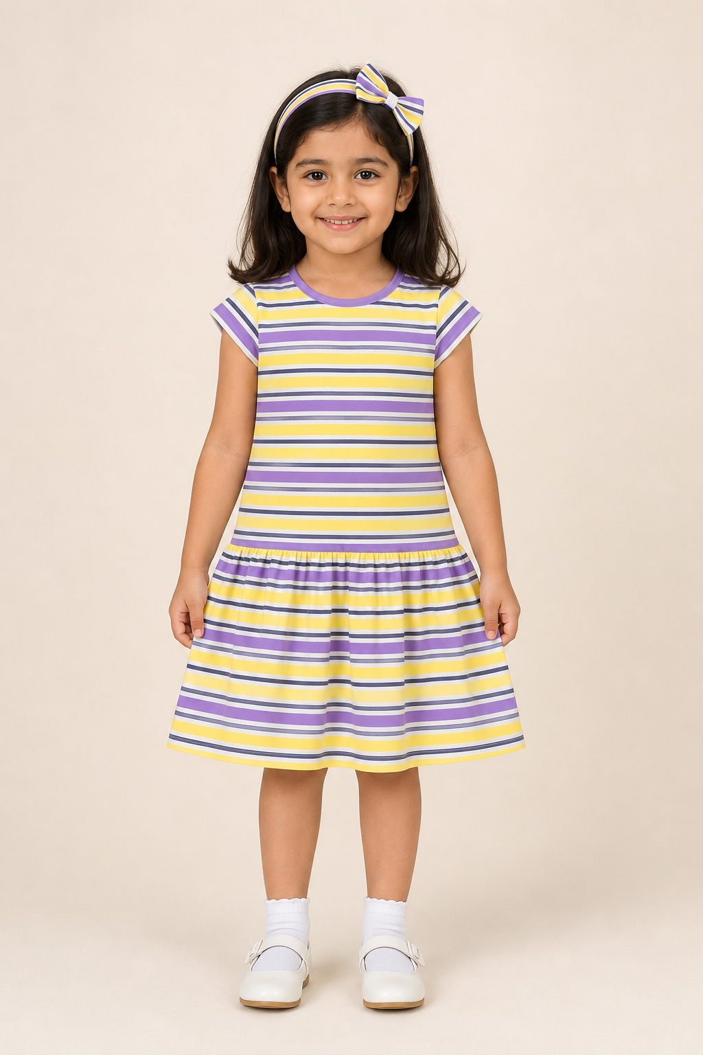 Yellow & Purple Stripes With Hair Band Frock For Girls