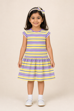 Yellow & Purple Stripes With Hair Band Frock For Girls