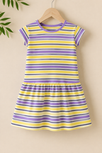 Yellow & Purple Stripes With Hair Band Frock For Girls