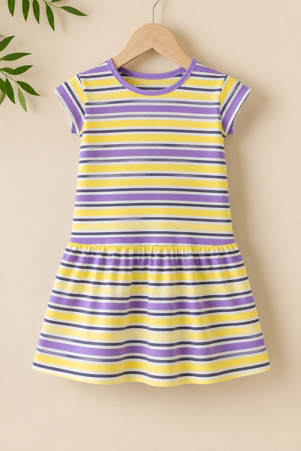 Yellow & Purple Stripes With Hair Band Frock For Girls
