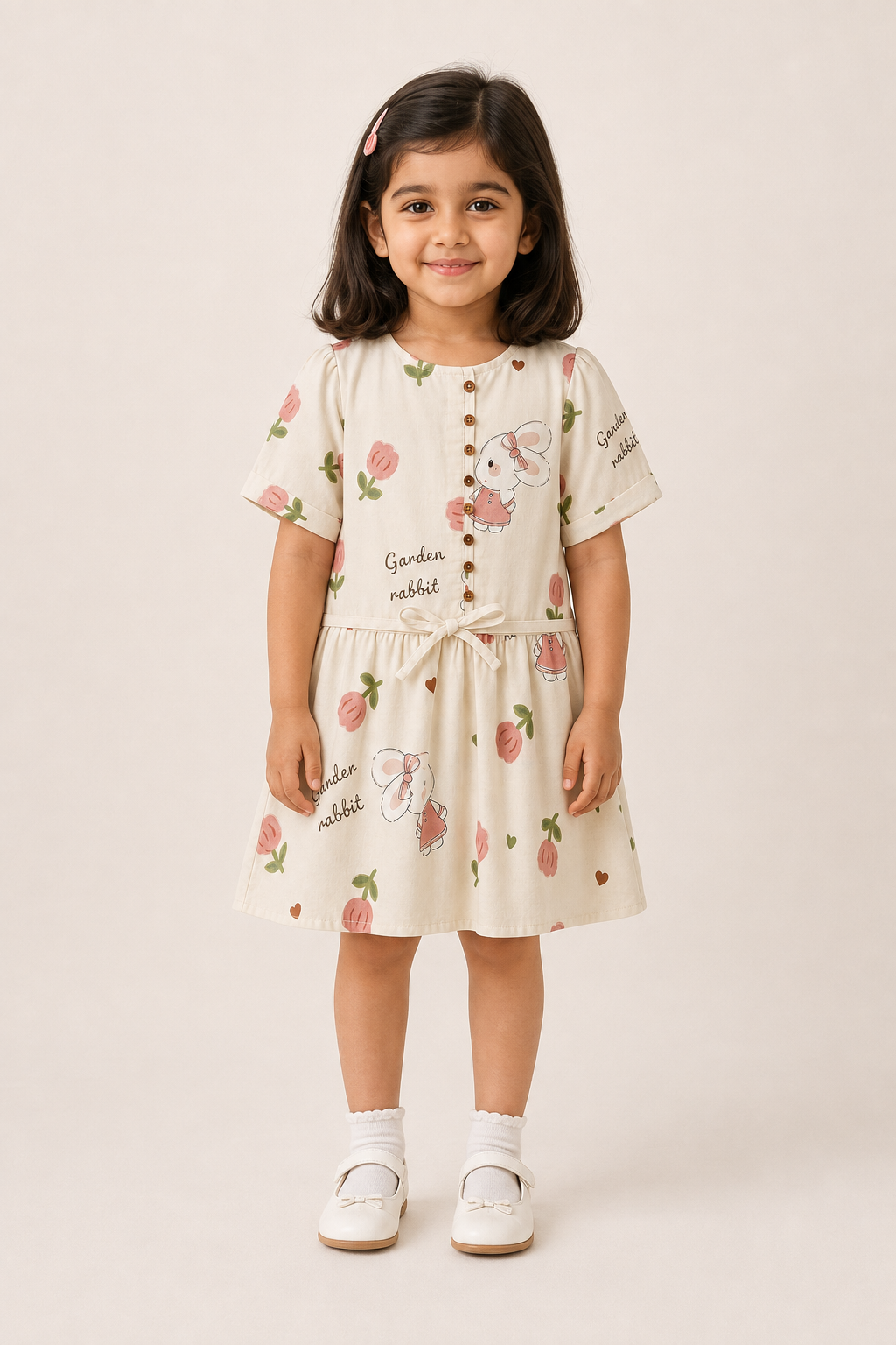 Cream With Rose Print Frock For Girls