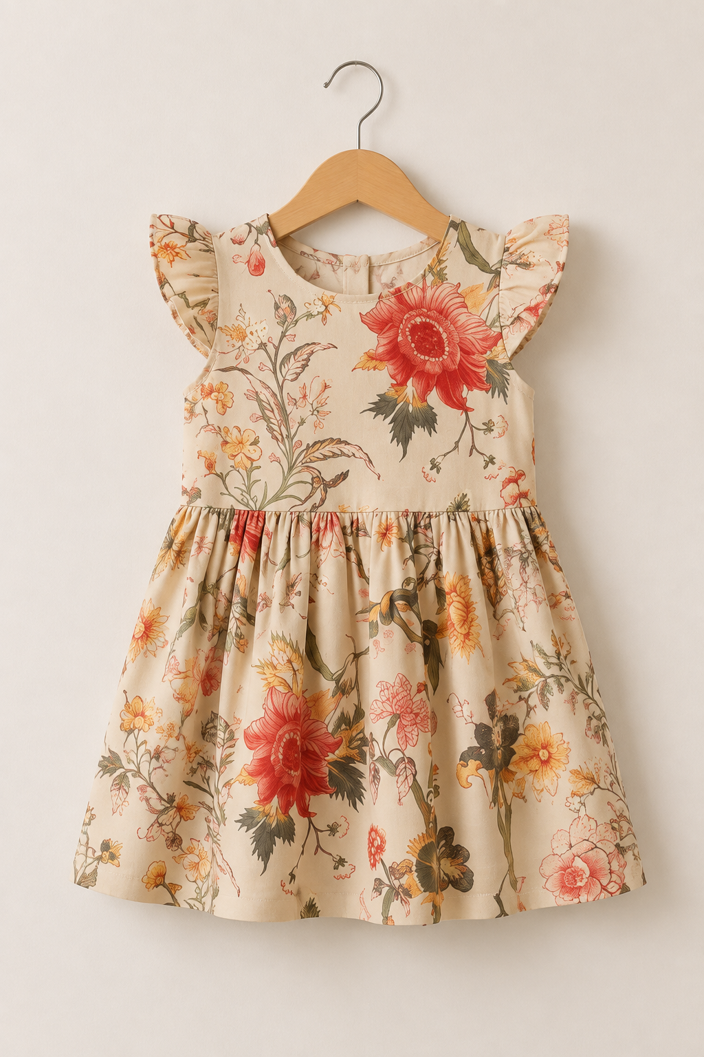 Cream Flowers Print With Hair Band Frock For Girls Main image