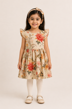 Cream Flowers Print With Hair Band Frock For Girls