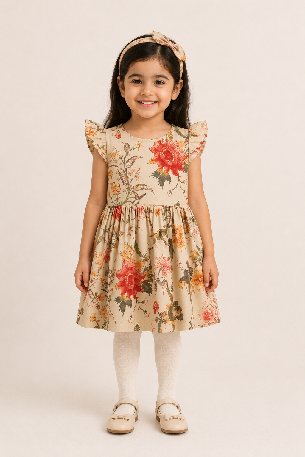 Cream Flowers Print With Hair Band Frock For Girls