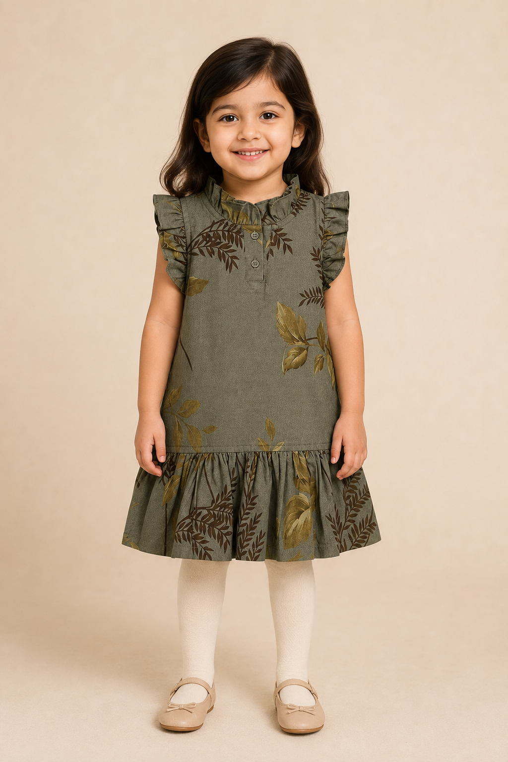 Green Leaves Print Frock For Girls Secondary image