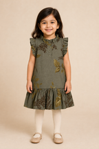 Green Leaves Print Frock For Girls