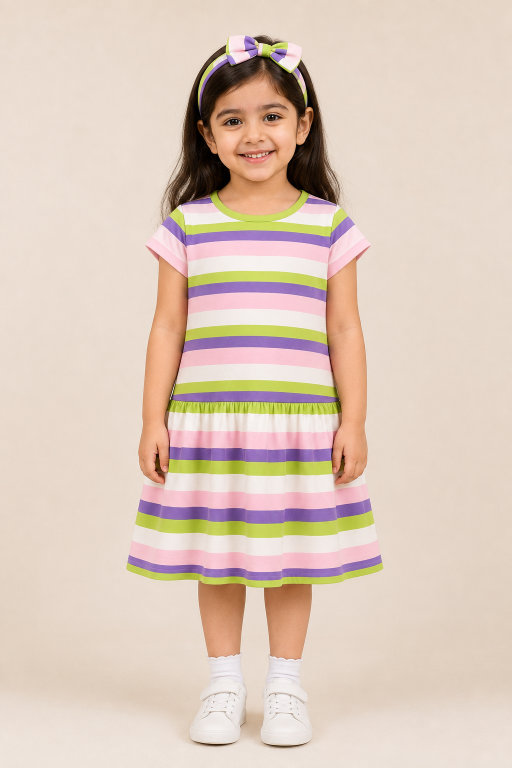 Pink Purple Green Stripes Frock With Hair Band For Girls