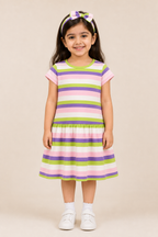 Pink Purple Green Stripes Frock With Hair Band For Girls