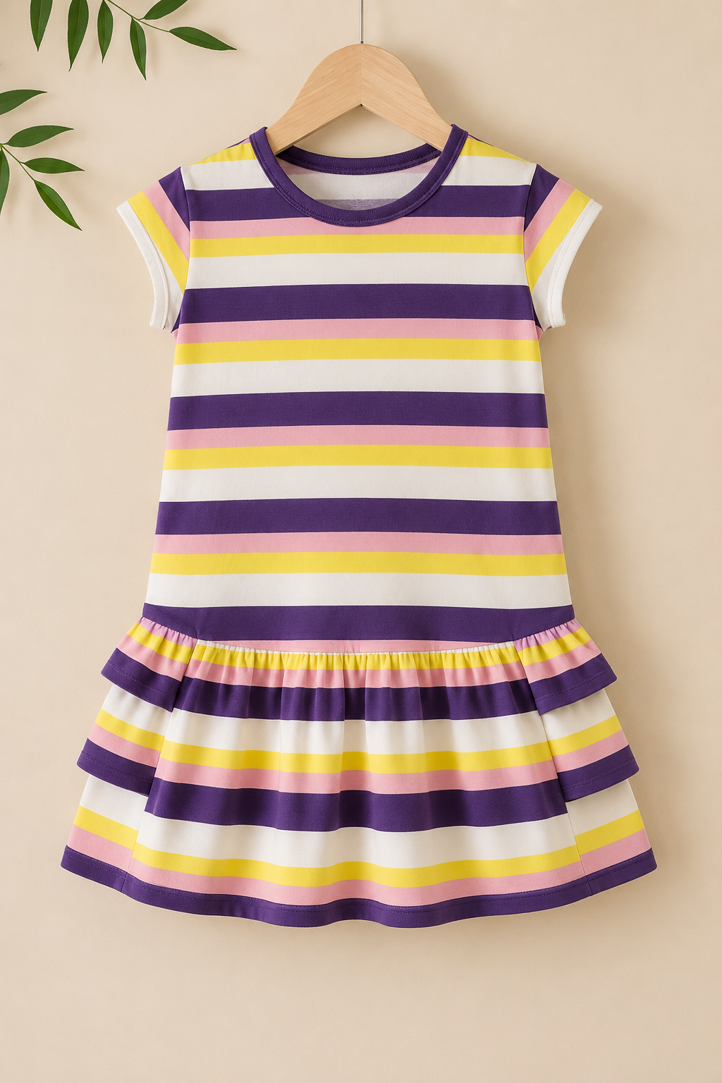 White Purple Yellow Stripes Frock With Hair Band For Girls Main image