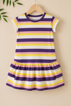 White Purple Yellow Stripes Frock With Hair Band For Girls