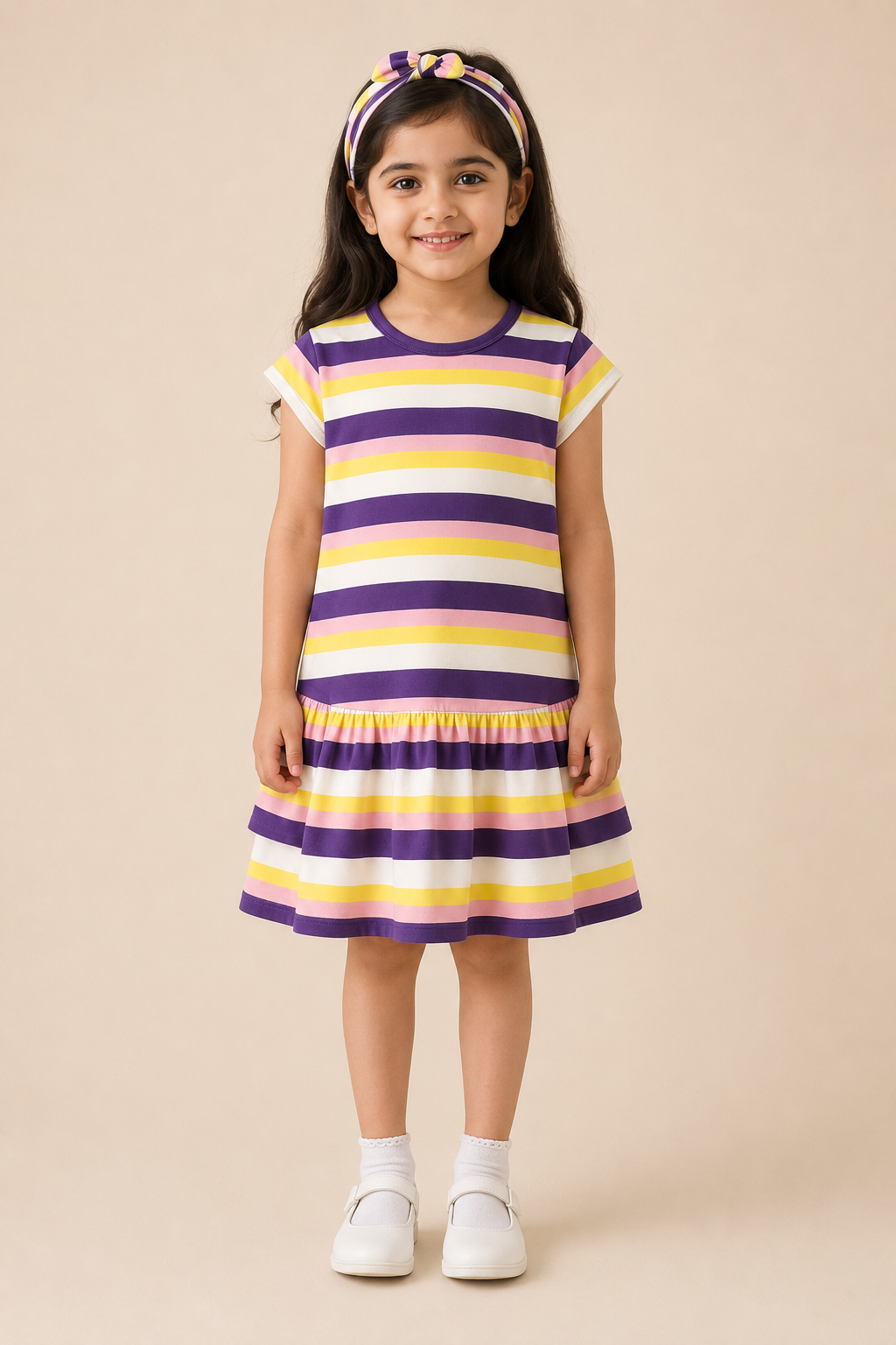 White Purple Yellow Stripes Frock With Hair Band For Girls Secondary image
