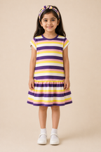White Purple Yellow Stripes Frock With Hair Band For Girls