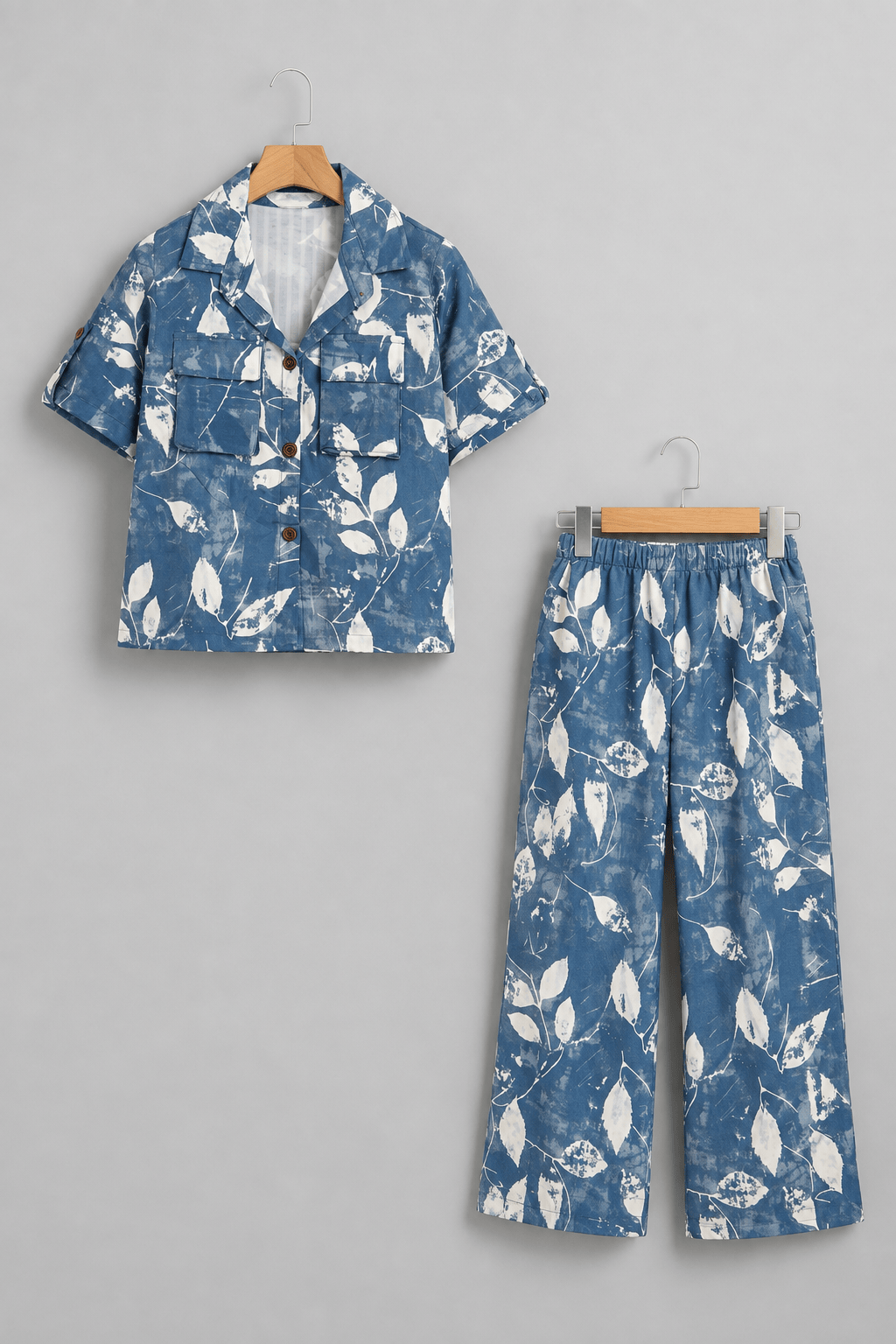 Blue Leaf Print Co-ord Linen Fabric Suit For Girls