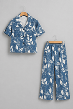 Blue Leaf Print Co-ord Linen Fabric Suit For Girls