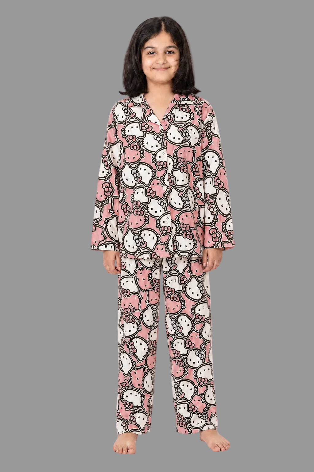 Pink Kitty Shirt With Trouser Suit For Girls