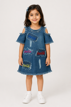 MID BLUE LIGHT DENIM COLD SHOULDER TOP FOR GIRLS