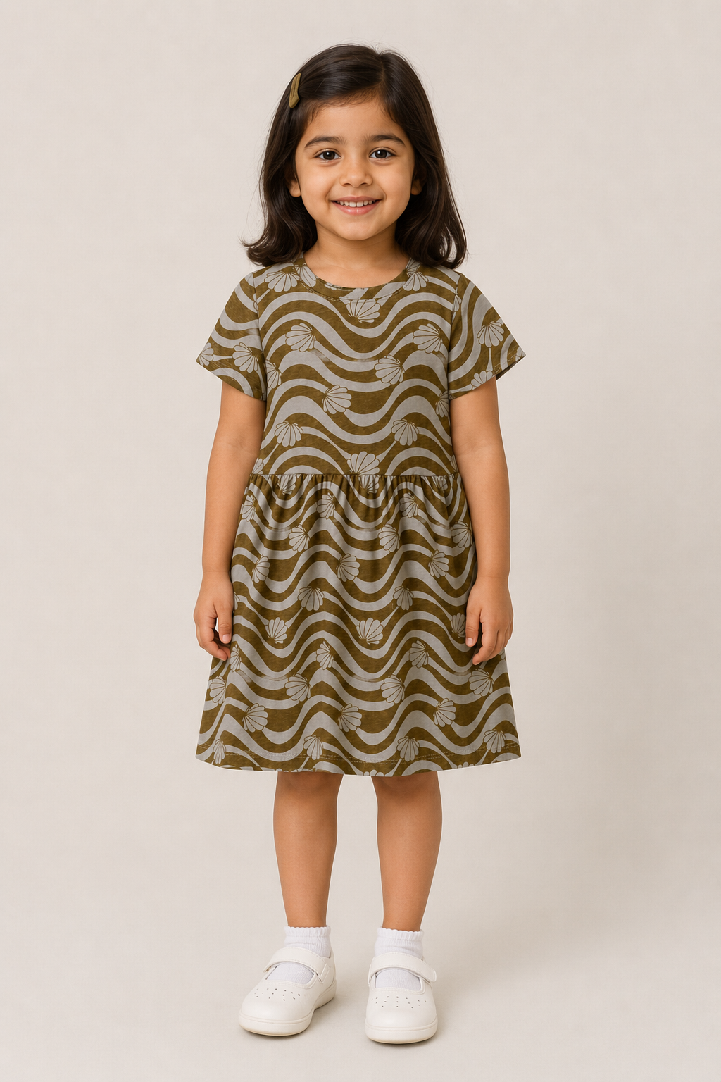 GREY WITH LINES & SHELL PRINTED FROCK