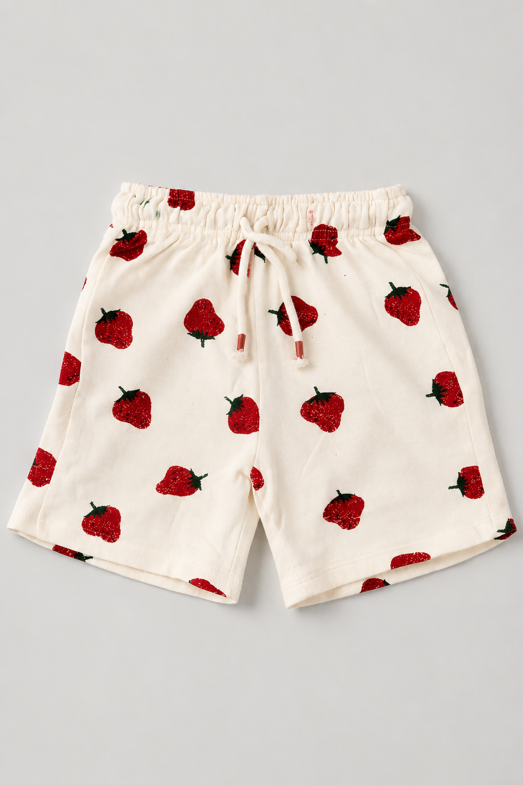 Cream Strawberry Print Shorts For Girls