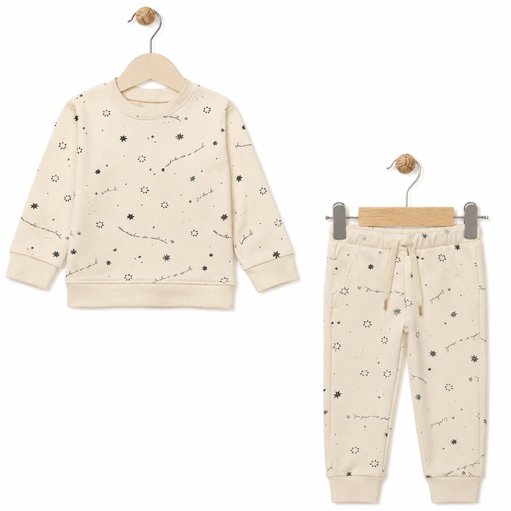 Cream Stars Print Jersy Fabric Suit For Winters