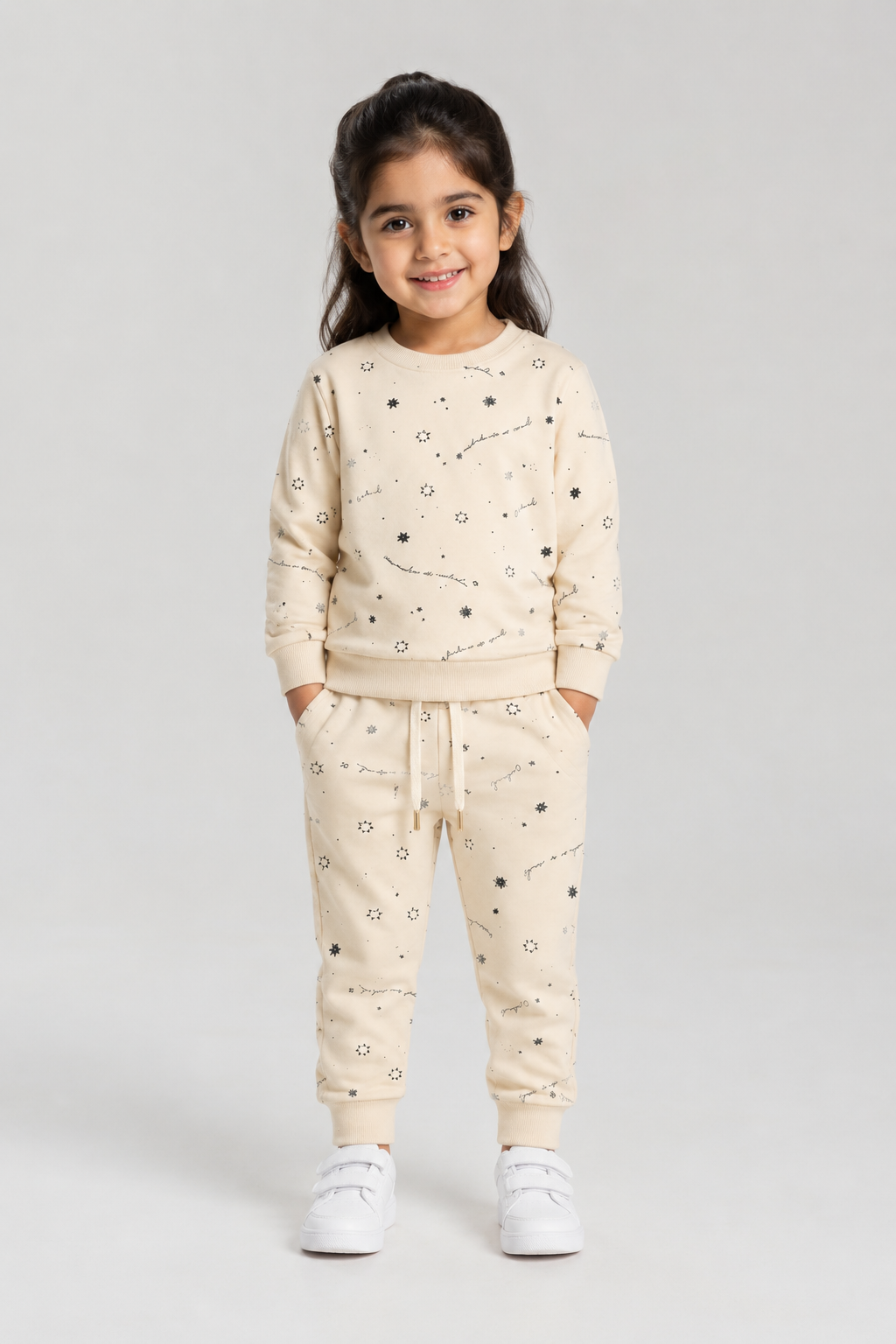 Cream Stars Print Jersy Fabric Suit For Winters