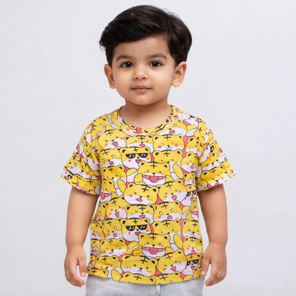 YELLOW TIGER PRINT HALF SLEEVES T-SHIRT FOR BOYS Main image
