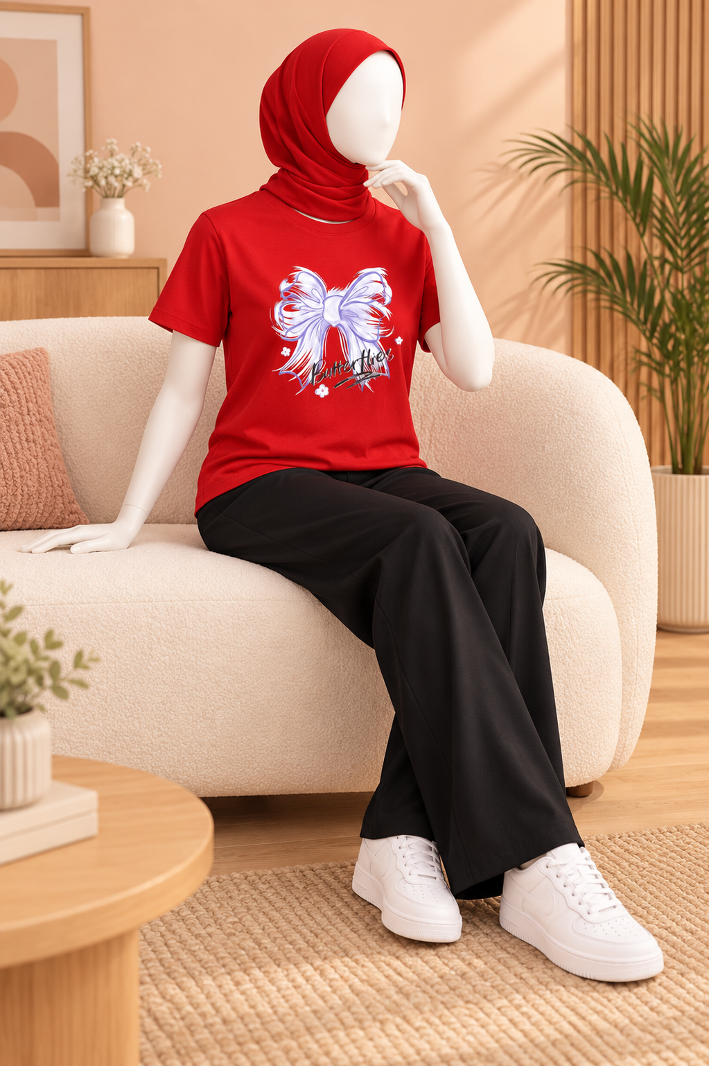 Red Bow Butterflies Print T-Shirt For Women