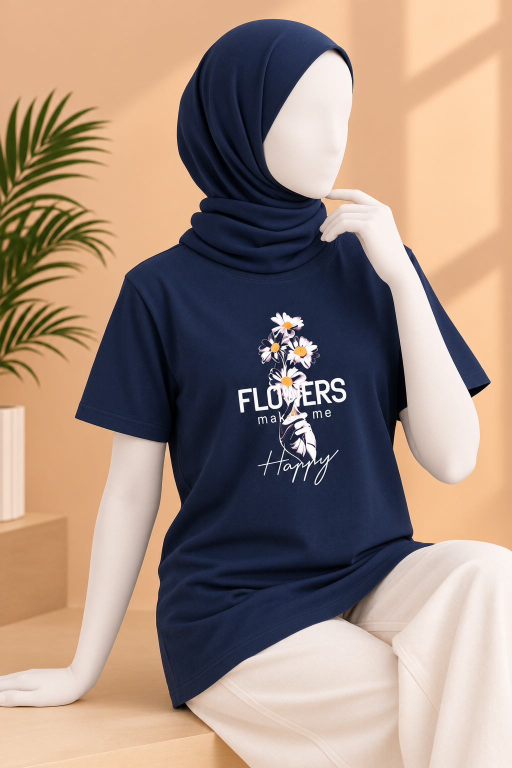 Navy Blue Flowers Print T-Shirt For Women Secondary image