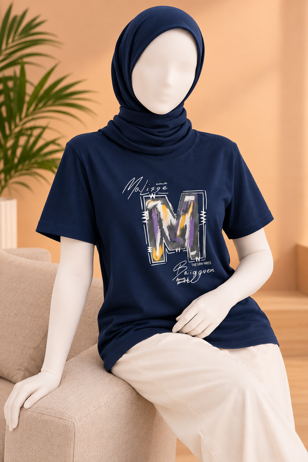 Navy Blue "M" Print T-Shirt For Women Main image