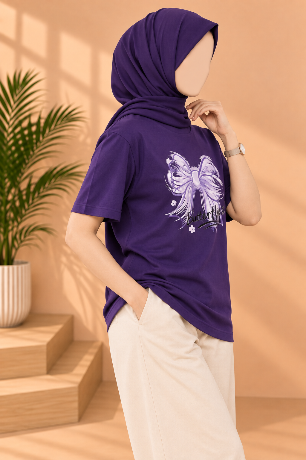 Purple Bow Butterflies Print T-Shirt For Women