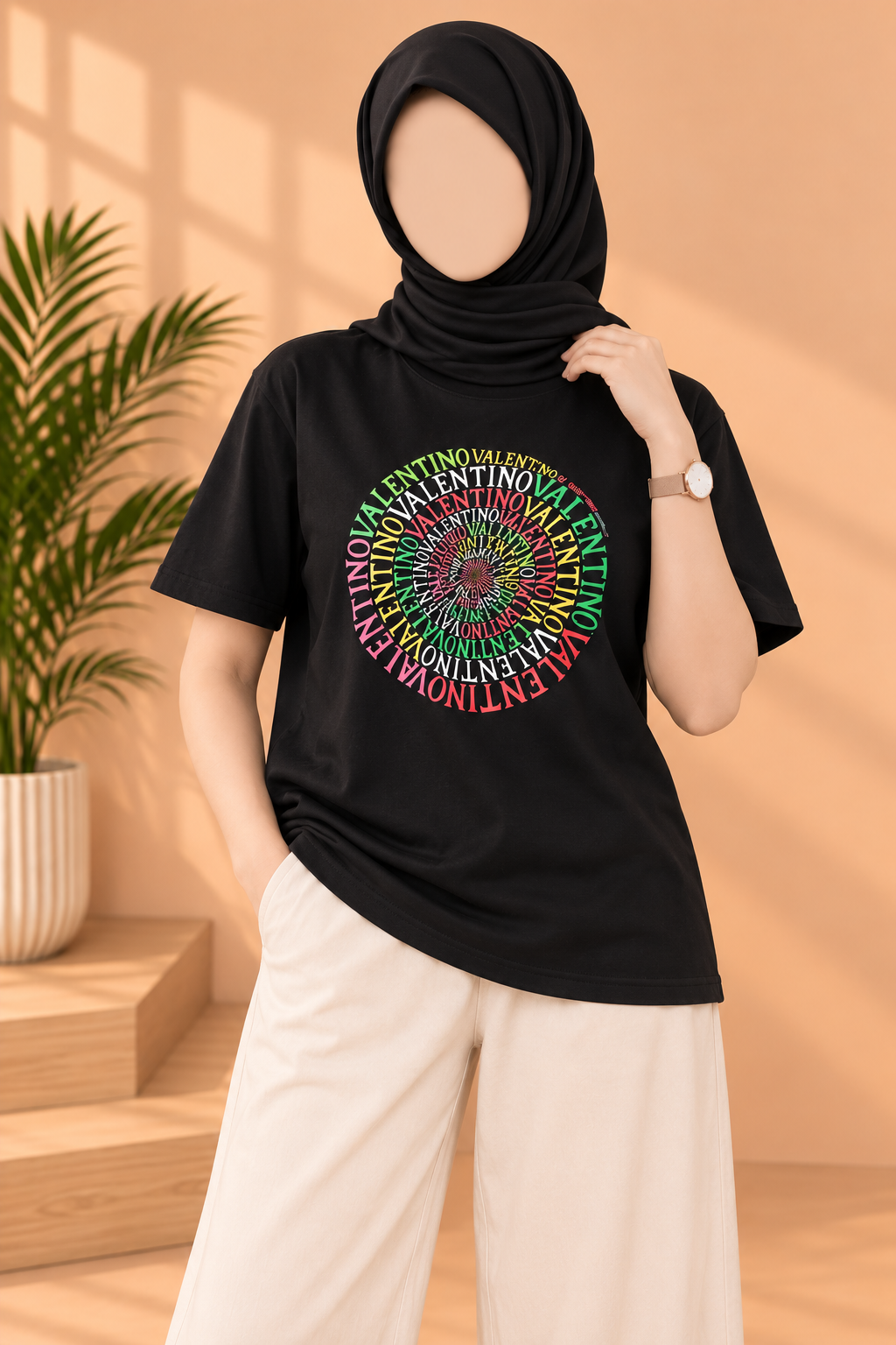Black Valentino Print T-Shirt For Women