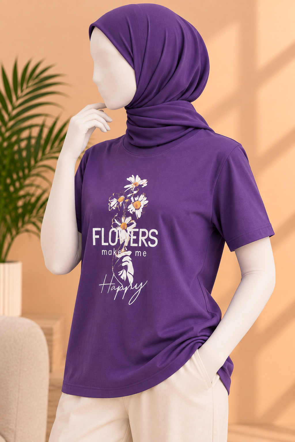 Purple Flowers Print T-Shirt For Women Secondary image