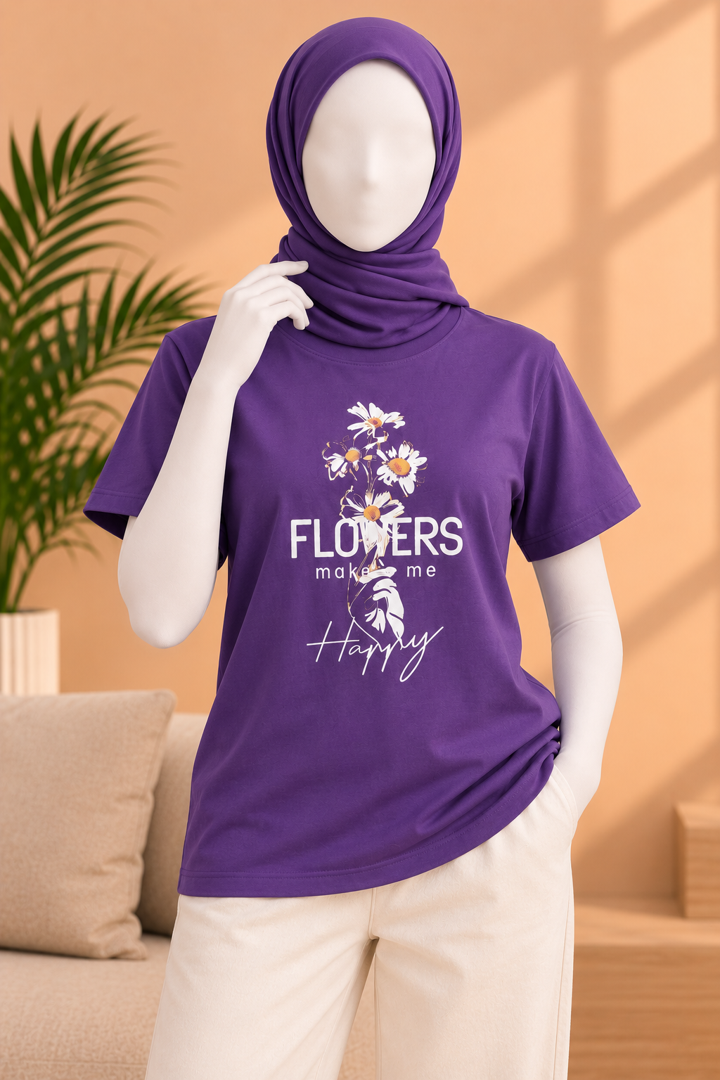 Purple Flowers Print T-Shirt For Women