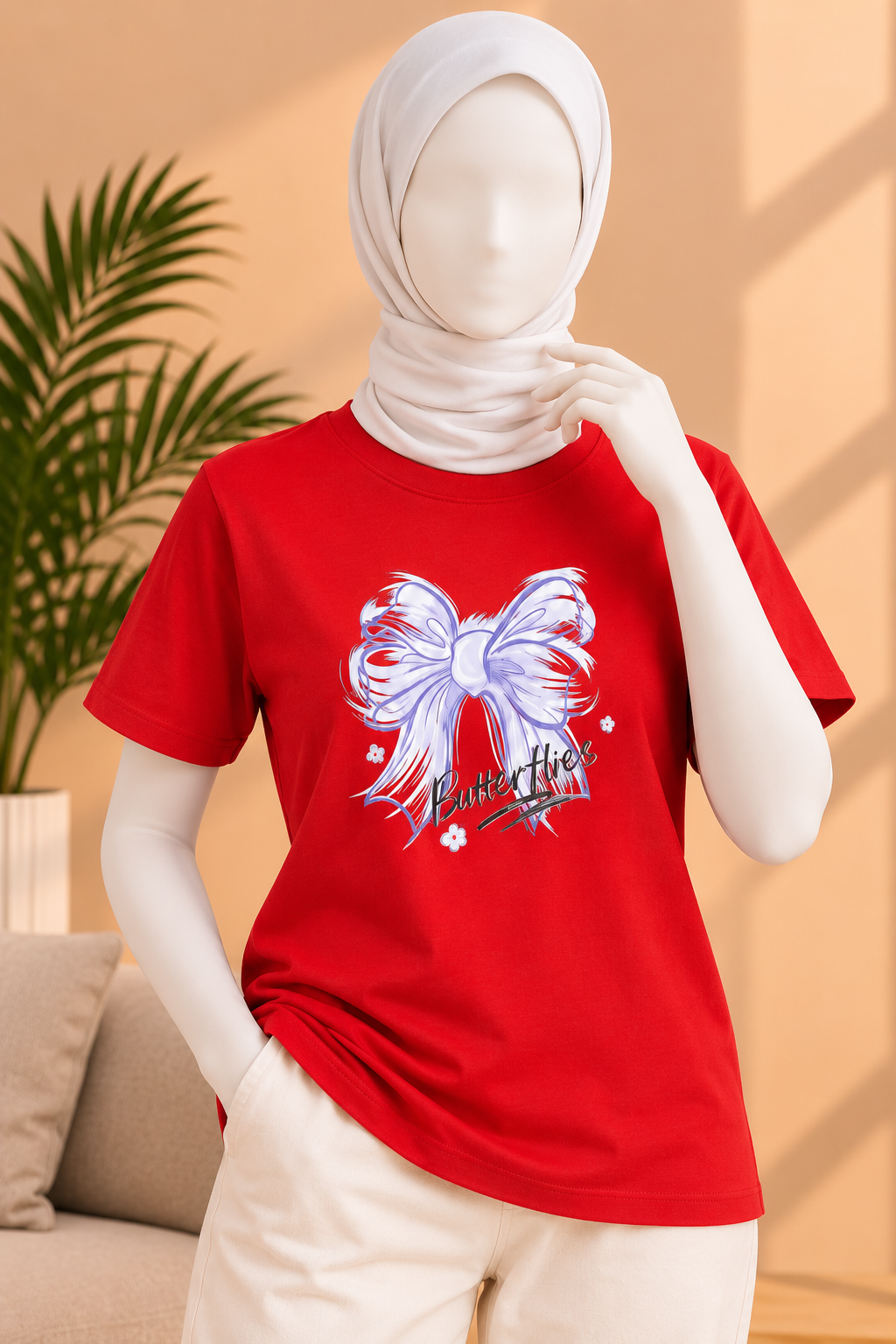 Red Bow Butterflies Print T-Shirt For Women Secondary image