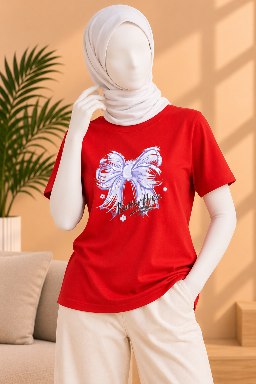 Red Bow Butterflies Print T-Shirt For Women Main image