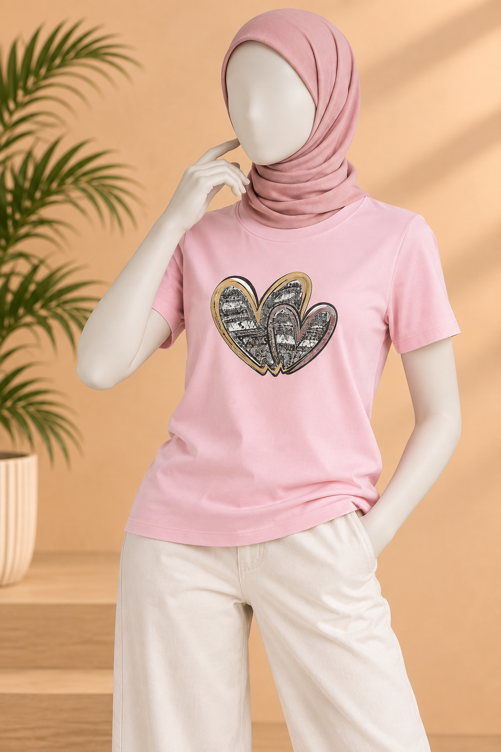 PINK HEART PRINT T-SHIRT FOR WOMEN