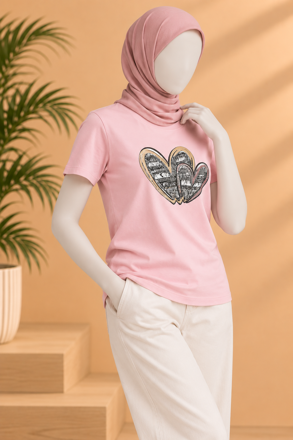 PINK HEART PRINT T-SHIRT FOR WOMEN