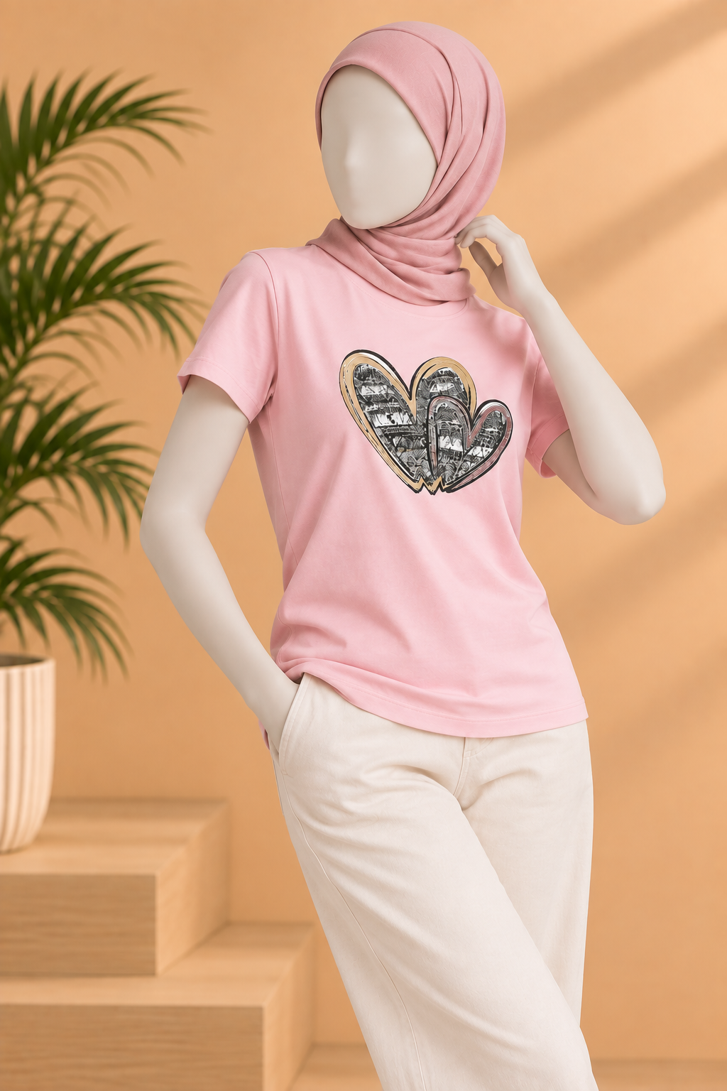PINK HEART PRINT T-SHIRT FOR WOMEN Secondary image