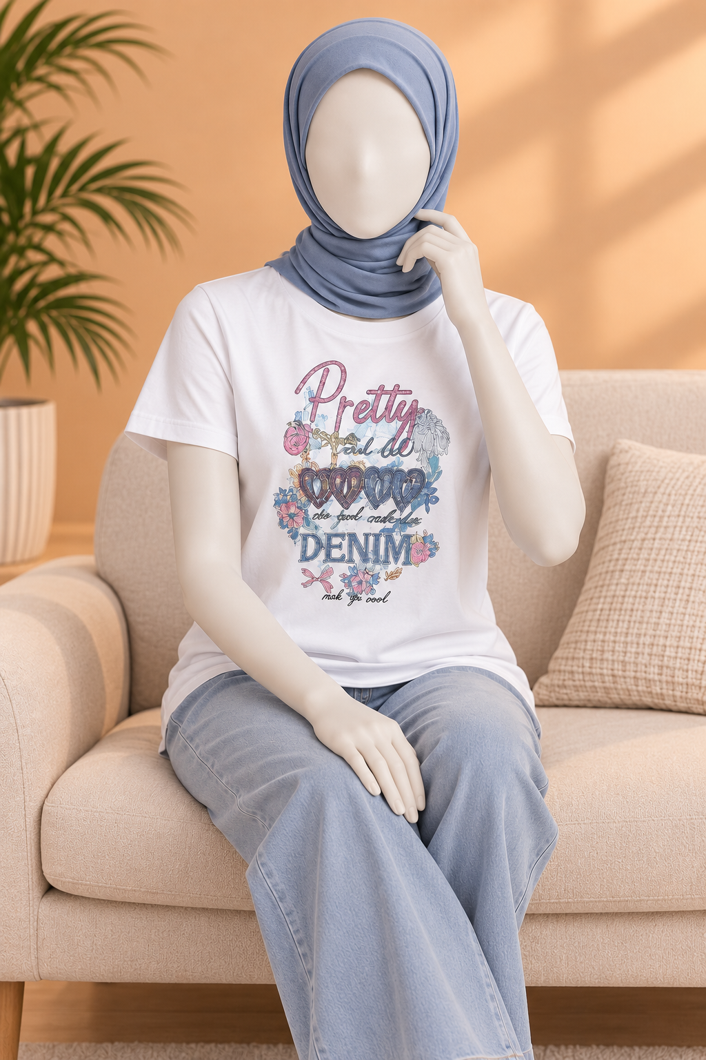 WHITE PRETTY DENIM PRINT T-SHIRT FOR WOMEN Main image