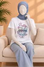 WHITE PRETTY DENIM PRINT T-SHIRT FOR WOMEN