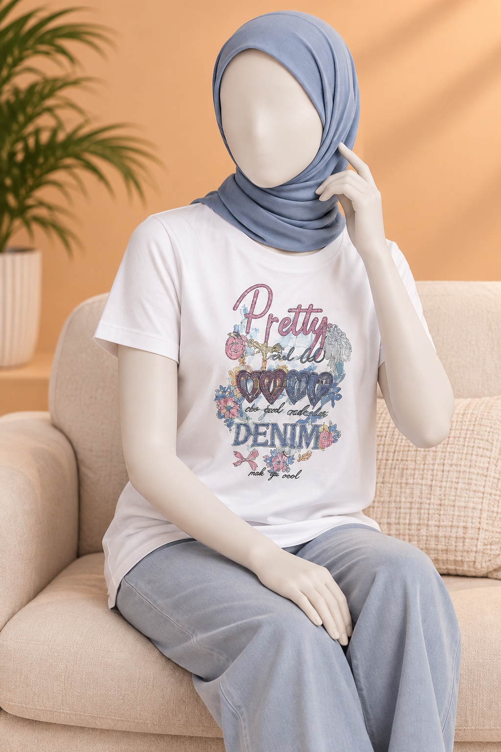 WHITE PRETTY DENIM PRINT T-SHIRT FOR WOMEN Secondary image