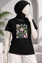 BLACK FLOWERS PRINT T-SHIRT FOR WOMEN