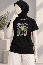 BLACK FLOWERS PRINT T-SHIRT FOR WOMEN