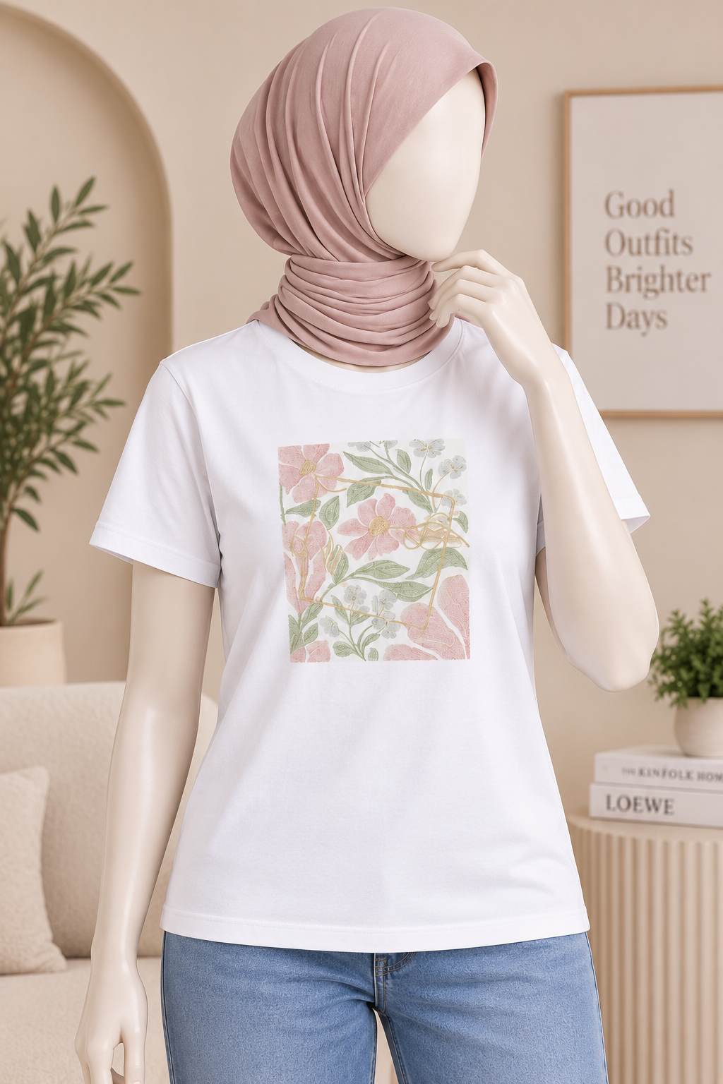 WHITE FLOWERS PRINT T-SHIRT FOR WOMEN Main image